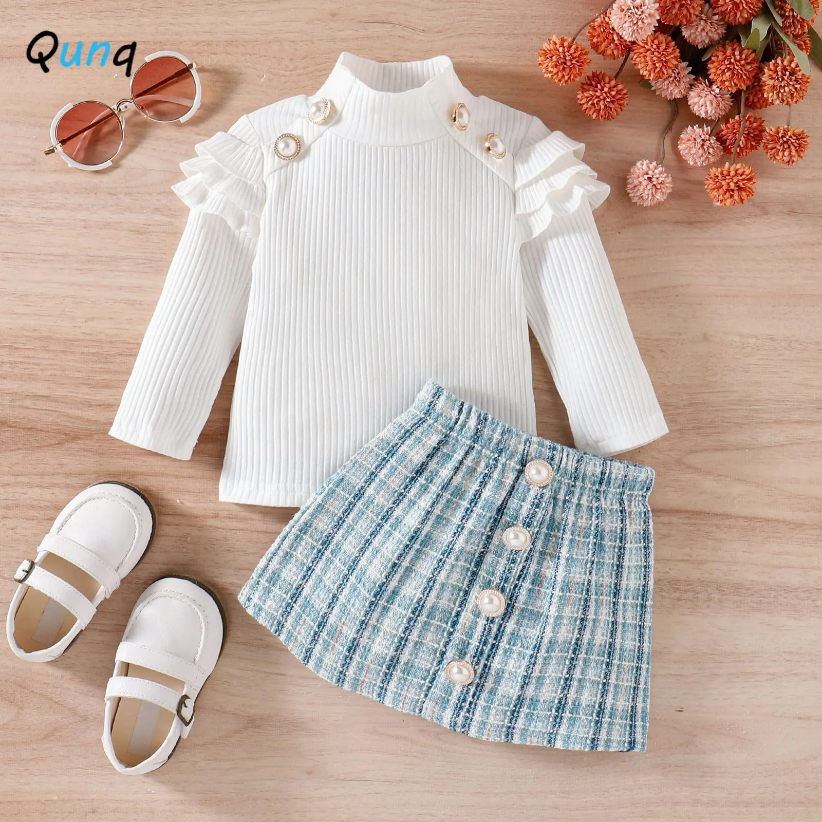 Qunq 2023 Autumn Girls Long Sleeved Twist Button Pullover Top+Plaid Skirt 2 Pieces Set Temperament Casual Kids Clothes Age 3T-8T