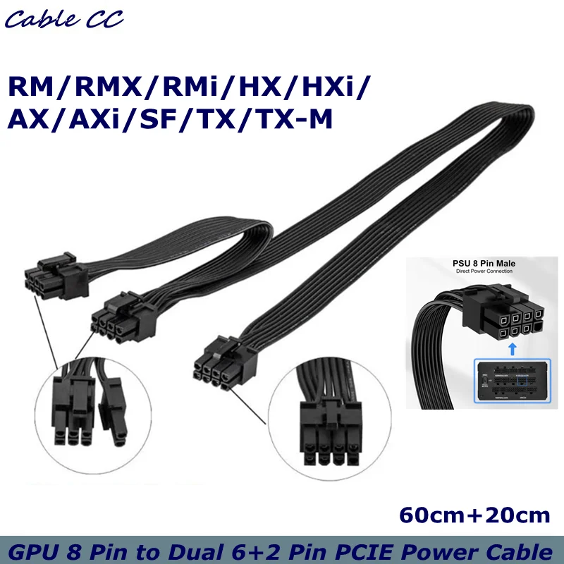 60cm+20cm PCI Express GPU 8pin to Dual 6+2Pin 8 Pin Power Supply Cable PCI-e Graphics Card 8pin 1 to 2 Power Cord For Corsair CS