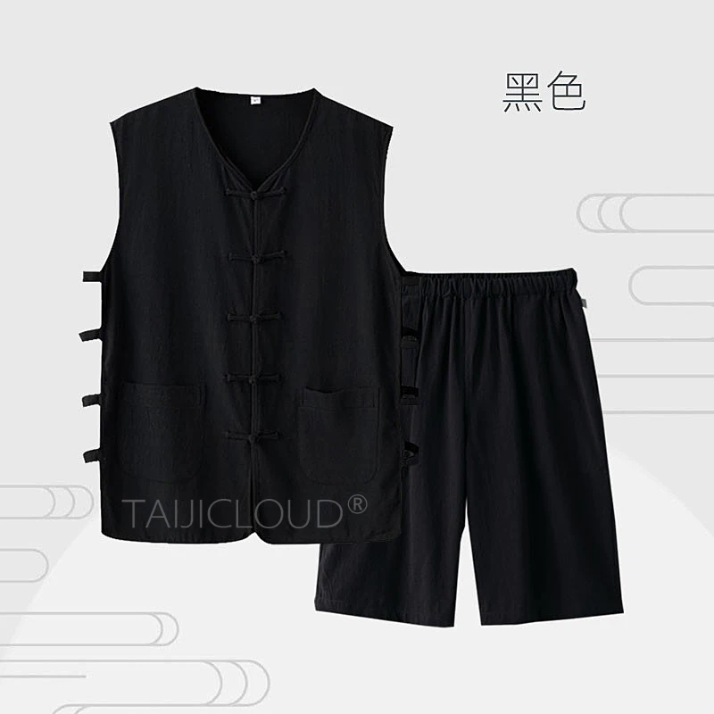 Summer lightweight cotton-linen Chinese-style vest waistcoat with button closure, vintage Beijing Han shirt, and jacket for men