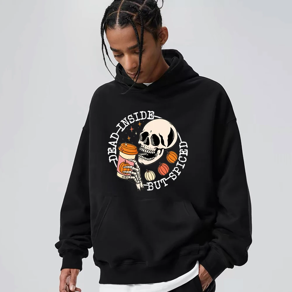 Halloween Skeleton Print Hoodies Cool Sweatshirts Casual Long Sleeve Pullover Dead Inside But Spiced Letter Hoodie Men Clothes