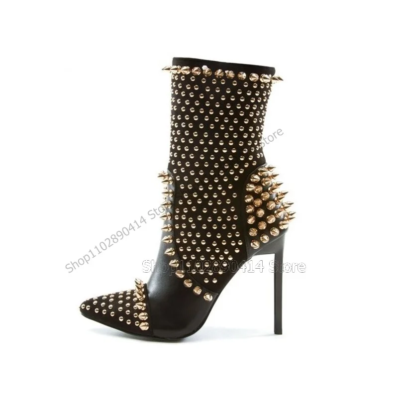 Gold Rivets Decor Black Pointed Toe Boots Mid Calf Side Zipper Women Shoes Thin High Heels Fashion Sexy 2023 Zapatos Para Mujere