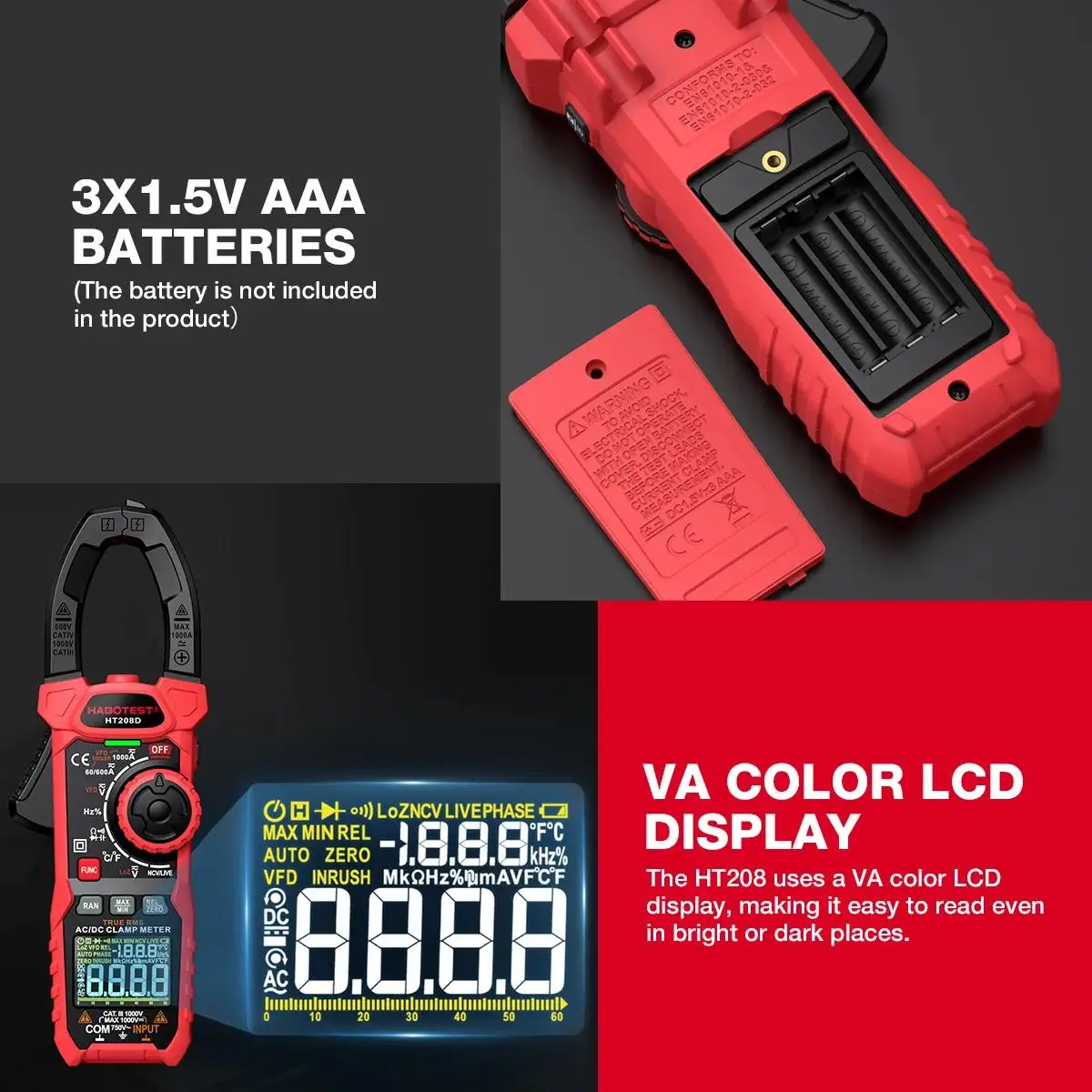 HABOTEST HT208A/D Zangenmessgerät 1000 A 1000 V AC DC True RMS Digitales Zangenmessgerät Amperimetrica Kapazität Temperatur Ohm Hz Tester – Detail 11