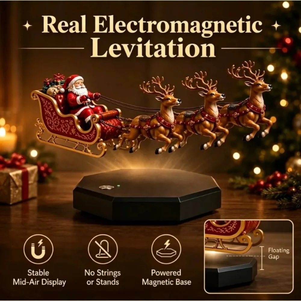 Christmas Decor Maglev 2027 New Year Santa Sleigh Ornament Floating Reindeer Figurine Rotating Base Home Decor Xmas Party Gifts