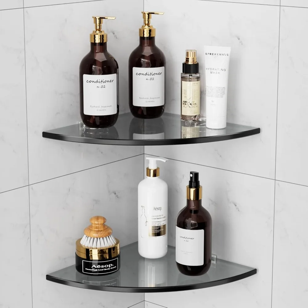 

2 Tiers No Drill Corner Glass Shelf, Shower Shelf for Inside Shower, Shower Wall Organizer, Shampoo Holder, Corner Shelf for Bat