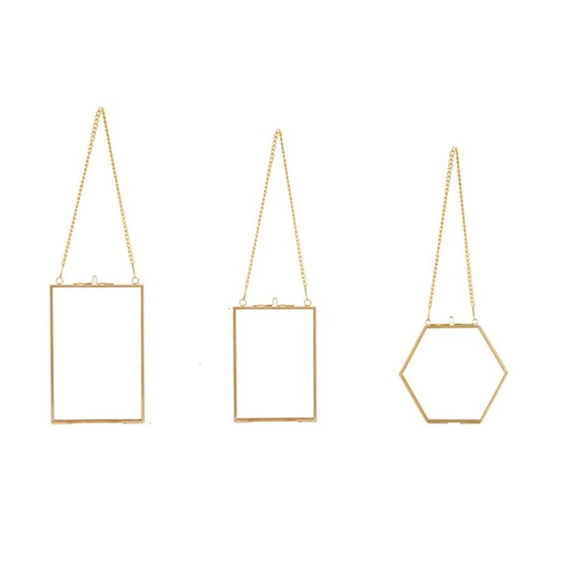 ABJL 3 Packs Pressed Flowers Glass Frames Golden Hanging Glass Picture Frames with Chain Floating DIY Artwork Display