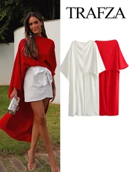 TRAFZA Women's Autumn Fashion Round Neck Asymmetric Cape Style Shirt Red Satin Women's Long Shirt Chic Top Casual Resort Style