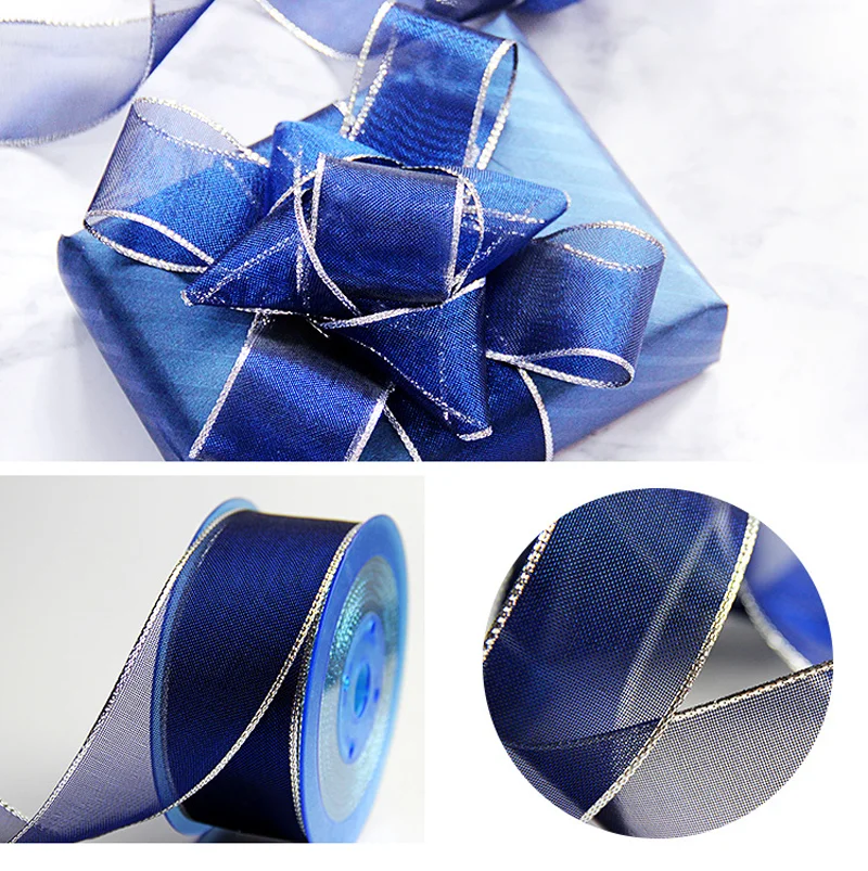 5 10 25 Yards/Roll 38mm Royal Blue Metallic Ribbon with Silver Lurex Wire Edged for Gift Wrap Accessories Bows for Crafts 2076