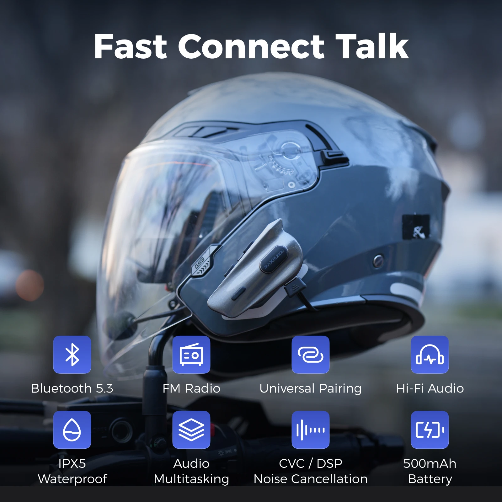MAXRUNON 2Y BT5.3 Motorcycle Intercom 2 Riders Helmet Headset Communication System Interphone Multi-Audio + FM Radio