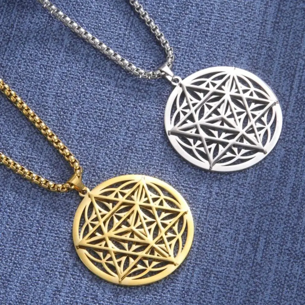 Dawapara Sacred Geometry Merkabah Necklace Flower of Life Star Tetrahedron Pendant Protection Amulet Stainless Steel Jewelry