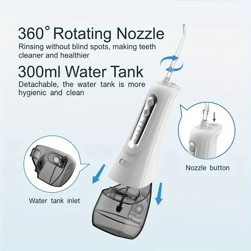 

Professional Irrigator With 4 Modes 4 Jet Tips,300ML Water Tank, USB Rechargeable Portable Dental Irrigator,Teeth Clean Dental