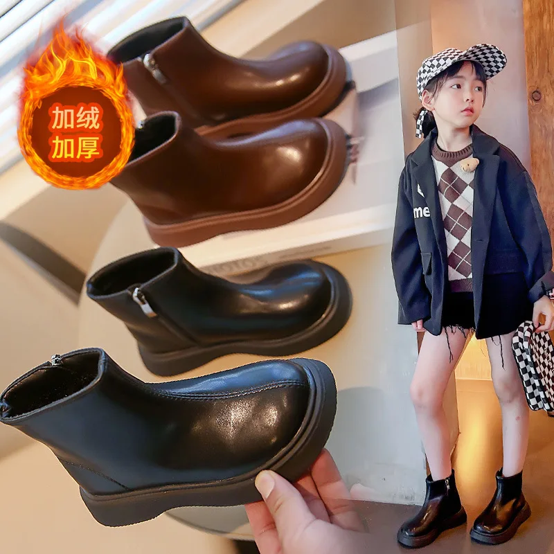 Chaussons de rinçage pour enfants, bottes d'équitation simples pour filles, chaussures en cuir décontractées pour enfants, noir et marron, mode automne et hiver, 2 à 10 ans