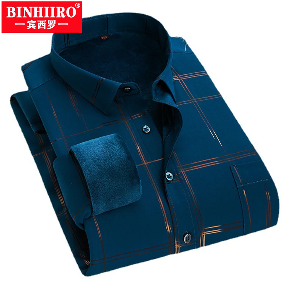 

BINHIIRO Winter Warm Shirt Men's Plus Fleece Thickened Plaid Shirt Elastic Bronzing Casual Shirt Comfortable Long-Sleeved Shirt