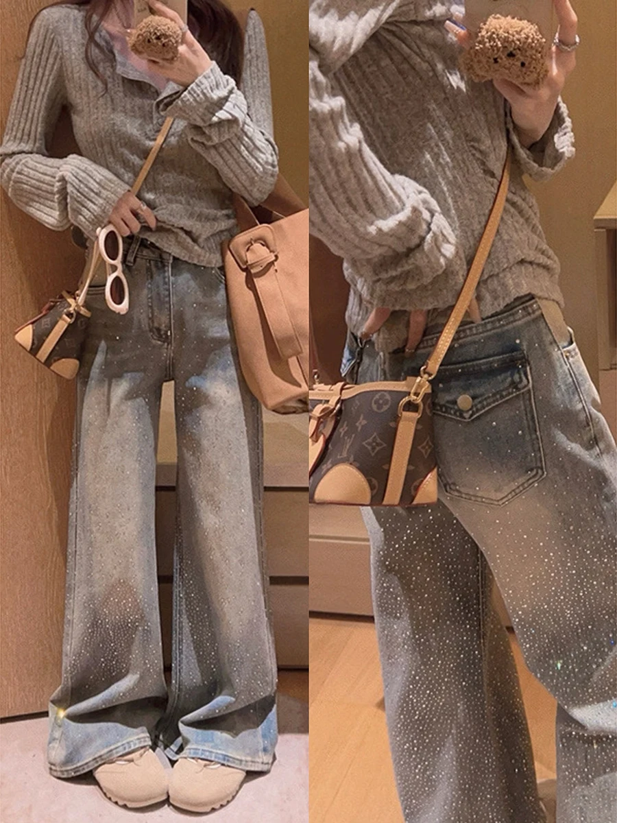 

Джинсы Yukiss с блестками, прямые, слегка расклешенные, с микро-клешем, с бриллиантовой отделкой, женские, с комфортной посадкой на талии