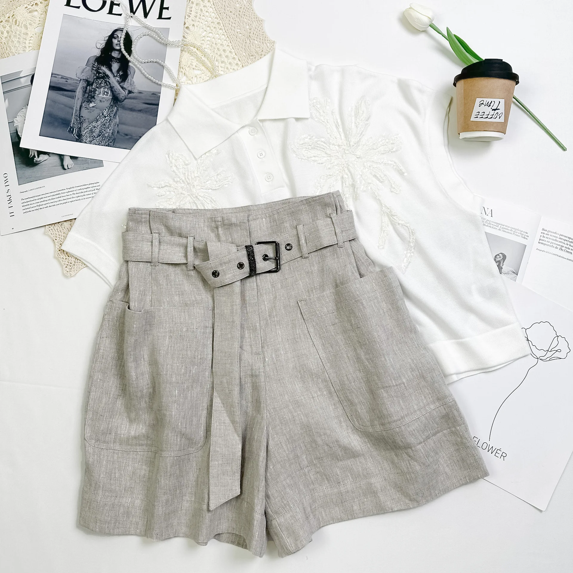 Calções de terno de linho feminino moda casual grânulo corrente cinto all-match shorts