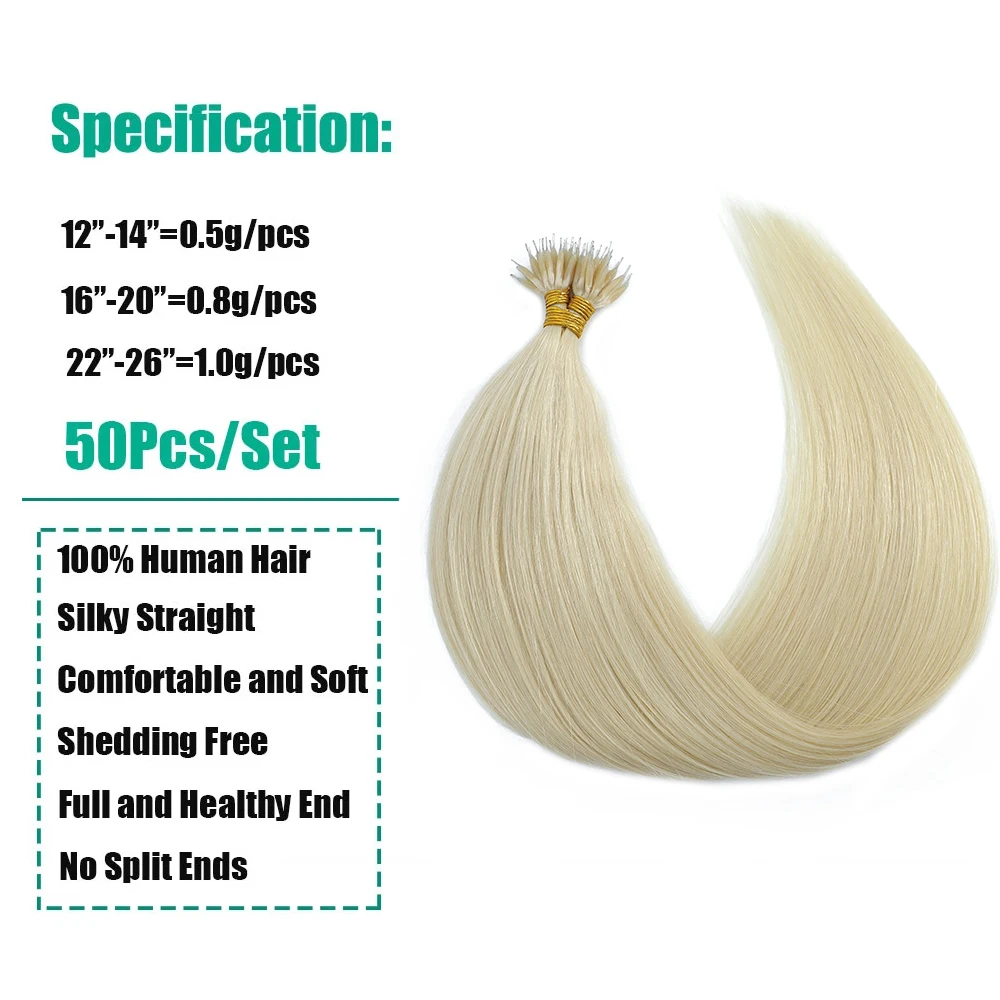 Lovevol 50 Strands Nano Ring Beads 100% Human Hair Extensions 50G/Pack Thick Natural Smooth Remy Hair Full Head Any Color