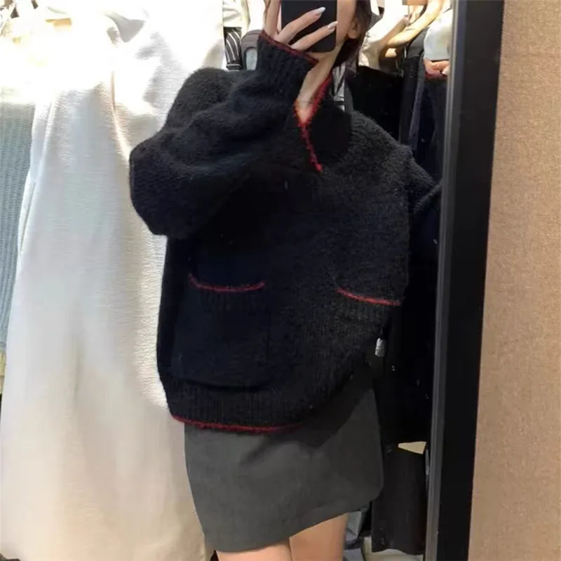 Pull ample à revers bloqué de couleur pour femmes, haut à Double poche, nouveau Style décontracté, automne et hiver 2025