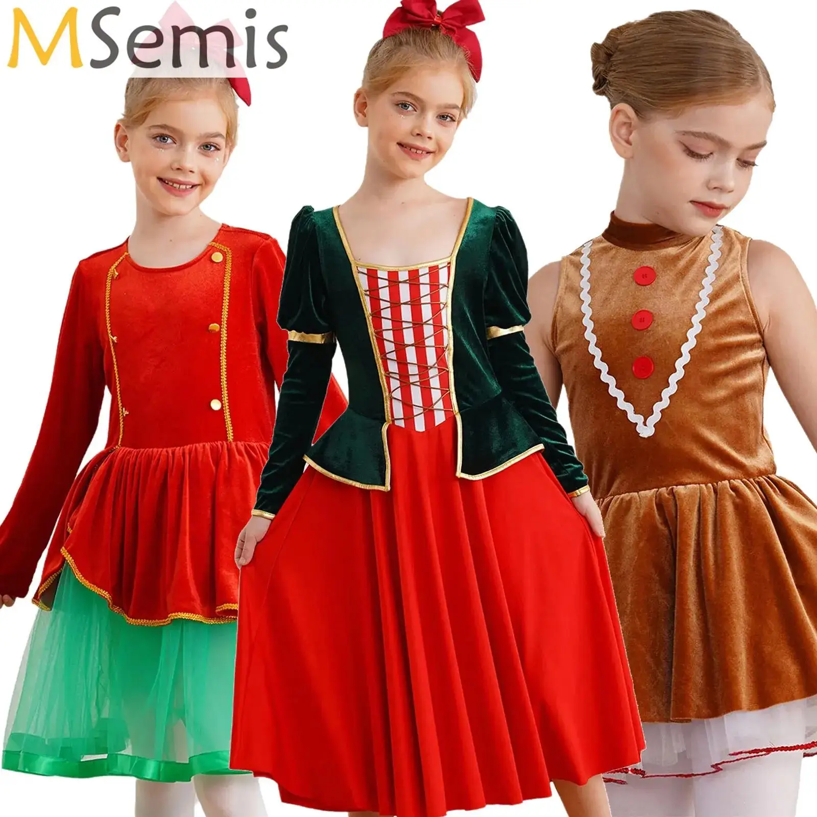 

Girls Christmas Elf Mesh Dresses Long Sleeve Ballet Dance Velvet Tutu Dress Xmas Holiday Party Dress Up Performance Costume