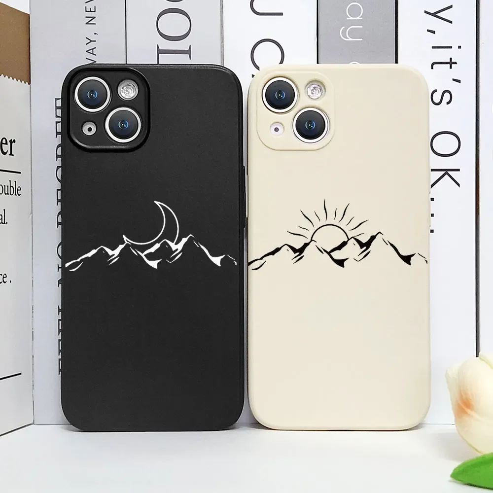 Simple Sun Moon Couples Line Mountain Scenery Phone Case for IPhone 17 17Air 16 15 Pro Max 13 12 11 XS XR 7 8 14 Plus Cover Case