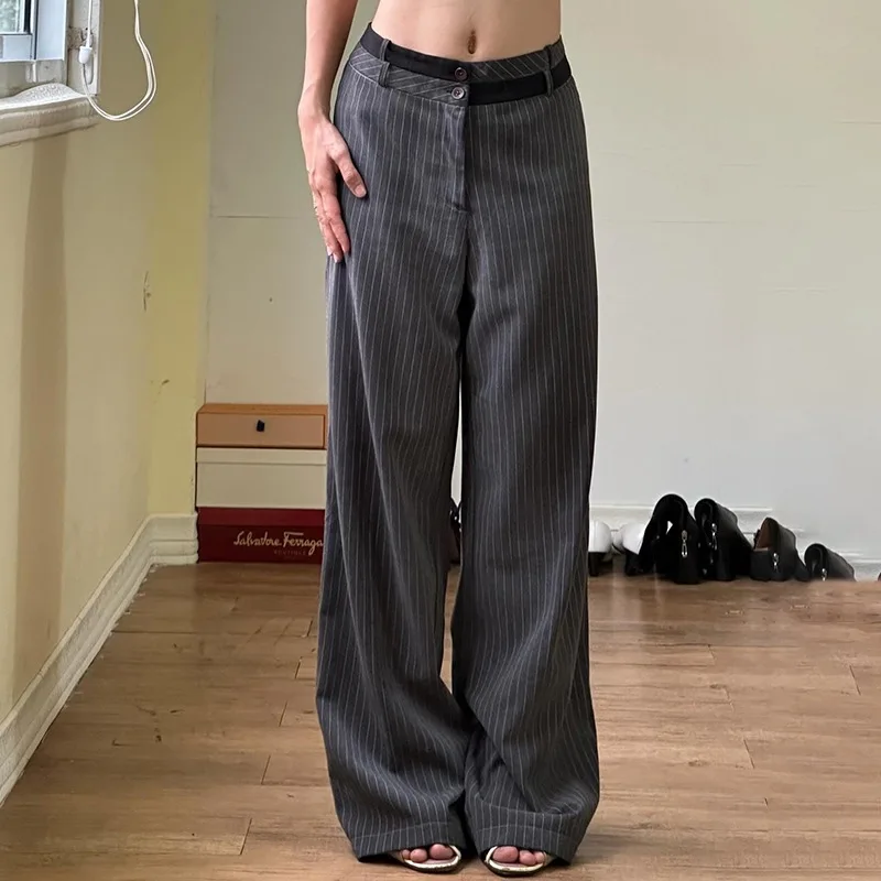 

2026 New Arrival Women's Striped Contrast Waist Suit Pants, Loose Draped Casual Slim Fit Long Trousers with Design Sense