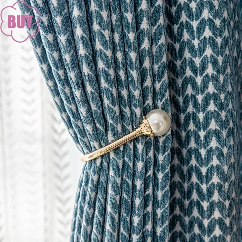 

2024 New Blue Wheat Ear Jacquard Chenille Thickened Blackout Curtain for Living Room Bedroom Balcony Floor Curtain Customization