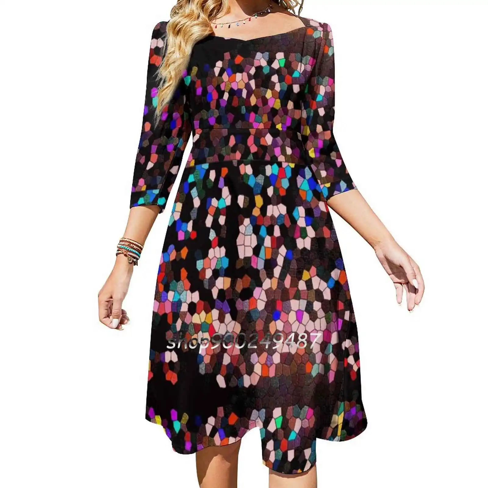 Glitter lindo rosa fantasia colorido galáxia padrão doce elegante vestido feminino coreano kawaii gola quadrada vestido fantasia