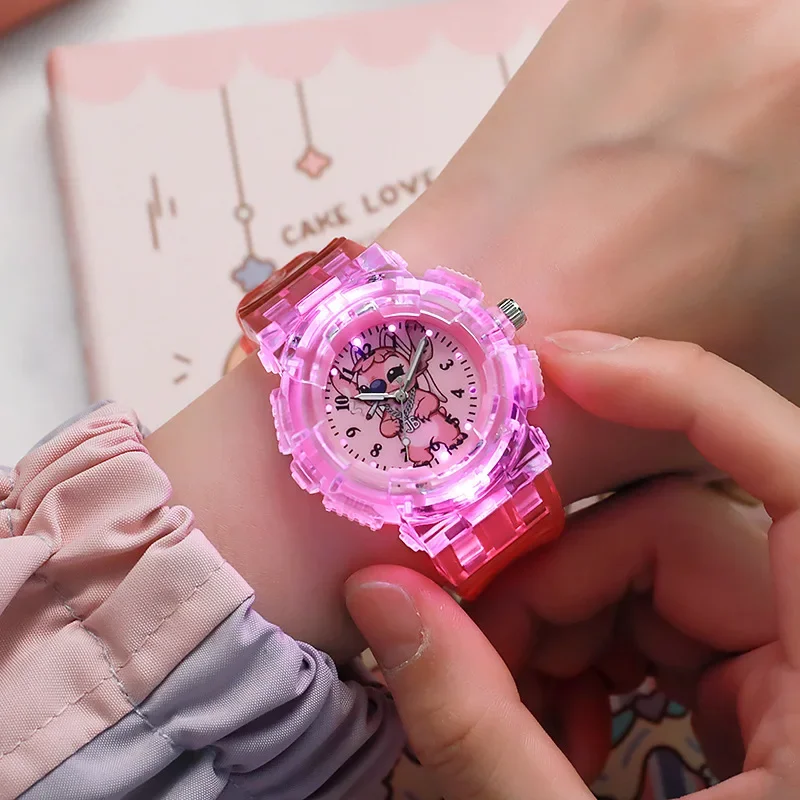 Disney Stitch Angel Watch Pattern Led Glowing Flash Children Watches Toys Fashion Quartz Wristwatch Christmas Gifts for Kids
