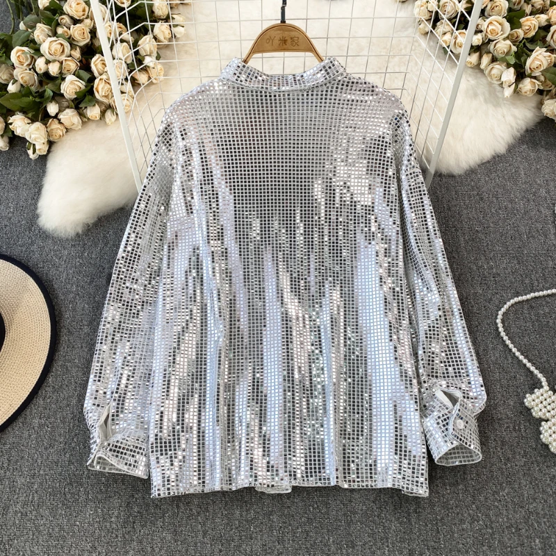 Women\'s Casual Shirt with Shiny Sequins Fashionable Blouses Turn-Down Collar Loose Tops Party Performance Wear Female Blouse