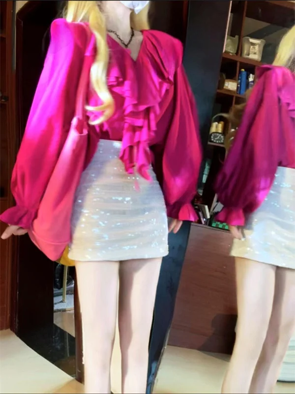 

Romantic Long Sleeve V-Neck Dragon Fruit Colored Shirt Women's Spring Autumn Design Sensation Unique Chic Lace Trim French St...