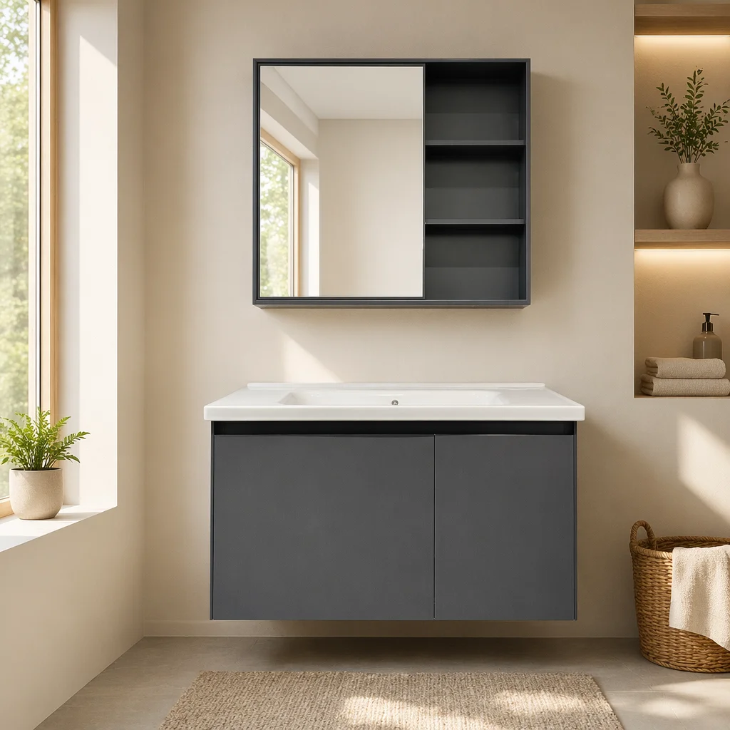 Modern Floating Aluminum Alloy Vanity Cabinet With Wash Basin LED Mirror Chrome Finish 60cm For Complete Bathroom