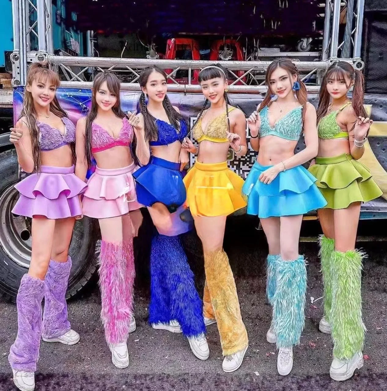 

Jazz Dancer Team Valentine's Day Candy Color Fur Bikini Top+Skirt+Leg Cover Set Cute Korean Group Gogo Female Singer Party Wear