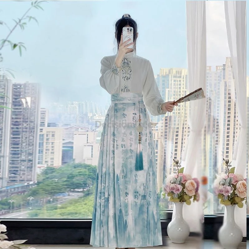 Improved ming style women daily hanfu set simple versatile tang suit hanfu top printing long horse face skirt modern hanfu set
