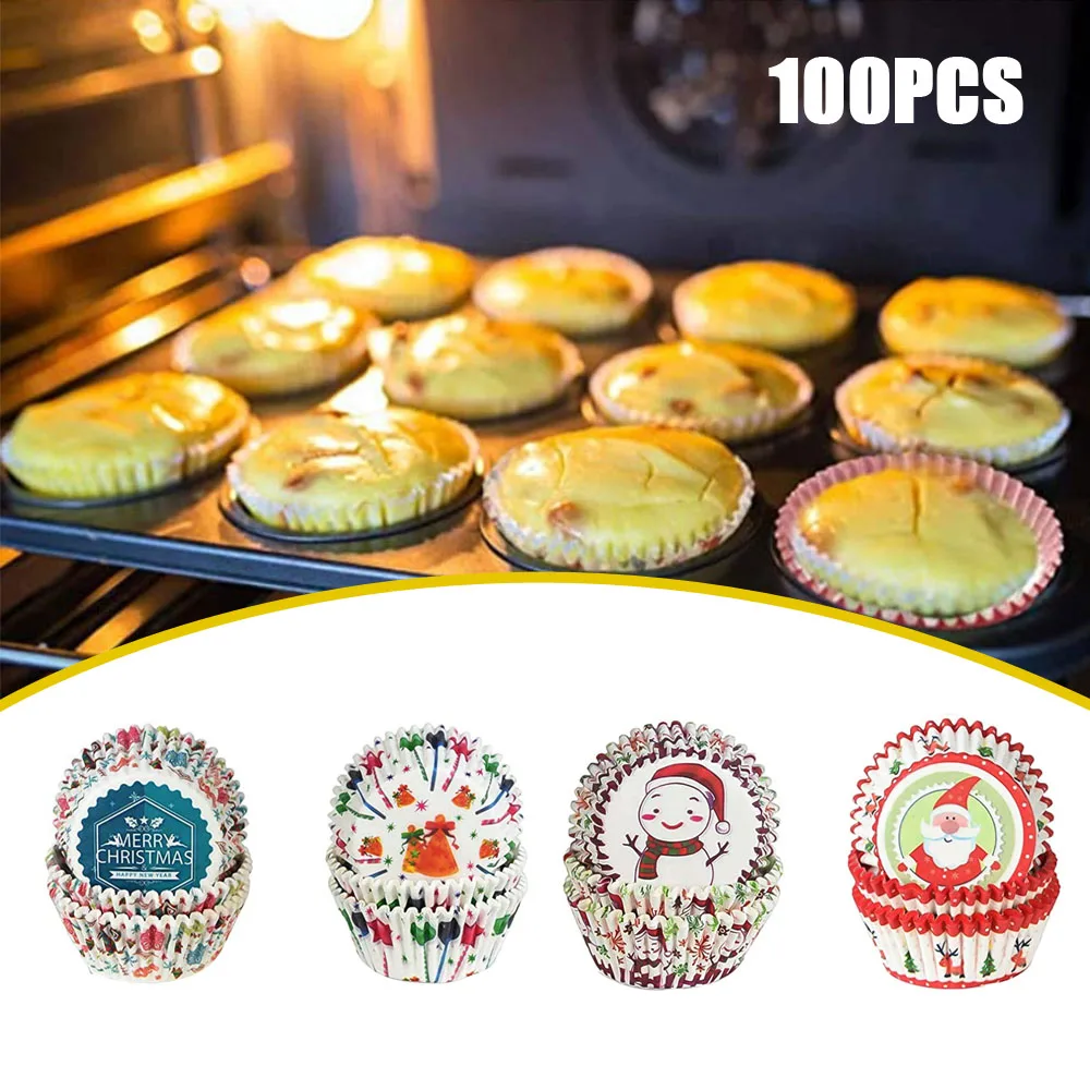 

100Pcs Christmas Cupcake Paper Cups Muffin Cupcake Liners Merry Cake Mold Baking Home Decorations