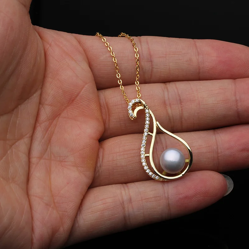 925 Sterling Silver Necklace Pendant Necklace,Gold Plated Natural Freshwater Pearl Pendant Chain Necklace Women