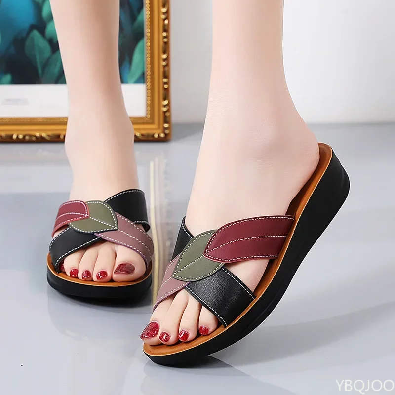 Slippers Women Leather Shoes Wedges Open Toe Casual Anti Slippery Slides Fashion Outside Beach Leaf Shaped Sandals 43 Sizes