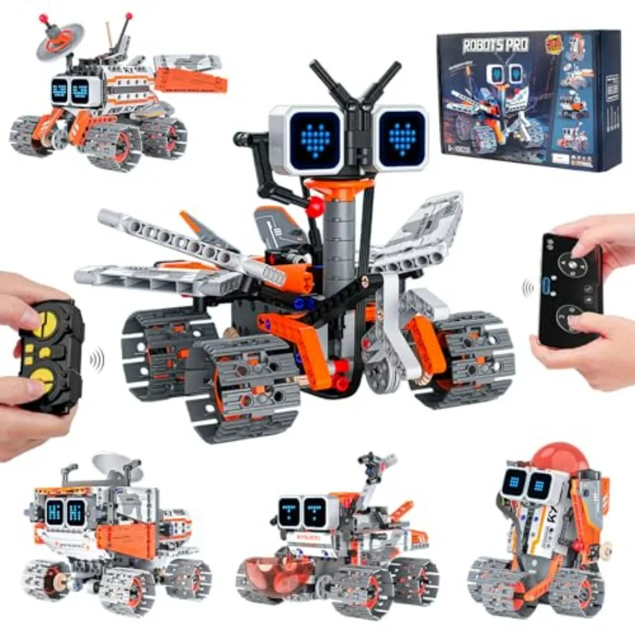 

STEM robot building kit for kids 8-12: 5-in-1 RC robot set with app remote control, rechargeable ABS plastic blocks, blue-gray