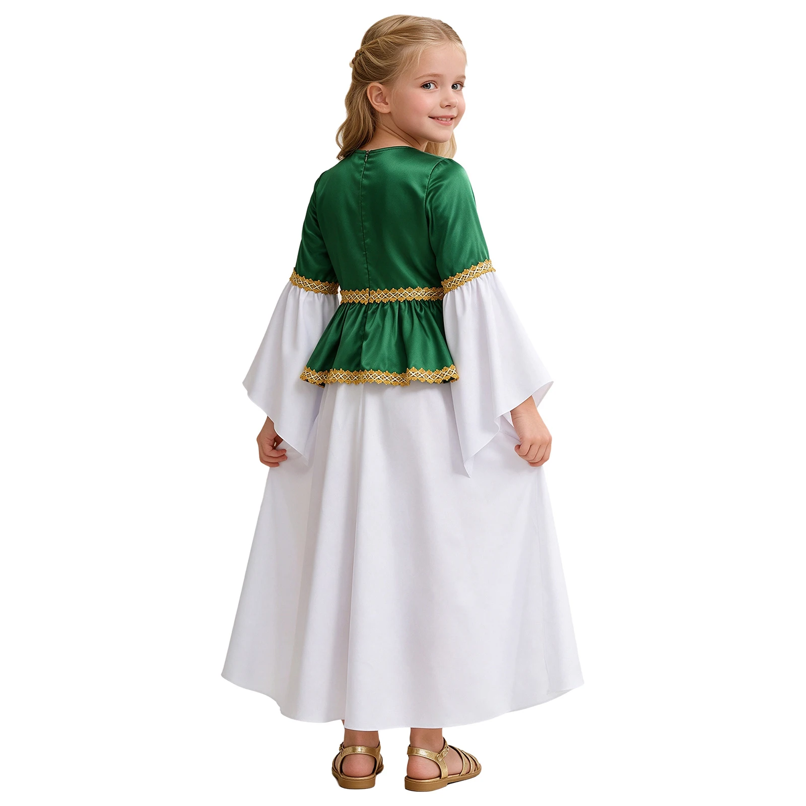 Kids Girls Renaissance Cosplay Costume Flared Sleeve Gold Trim Medieval Princess Peplum Dress for Halloween Carnival Stage Show