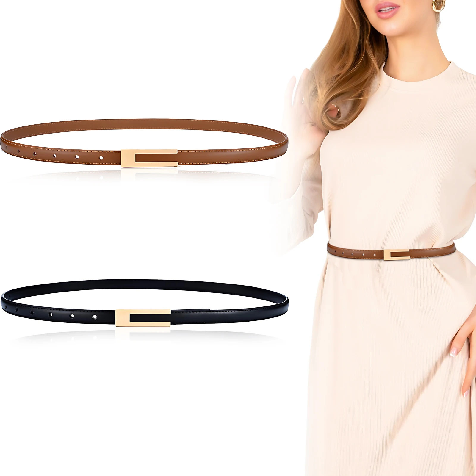 2pcs/set Women S PU Leather Waist Belt Classic And Versatile Accessory Simple Thin Waistbelt Belt