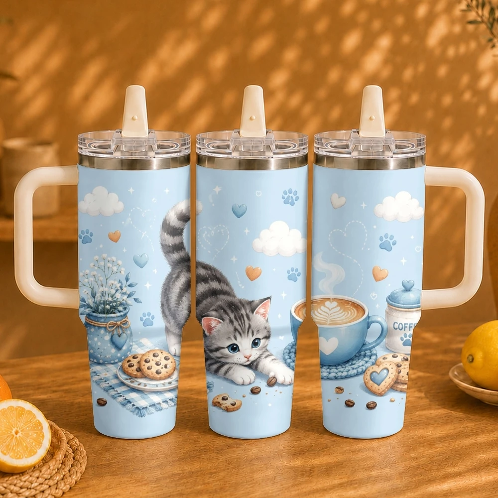 Cute kitten print Vacuum Flasks 40oz Vacuum Insulated Travel Mug - Stainless Steel Straw Cup Lid