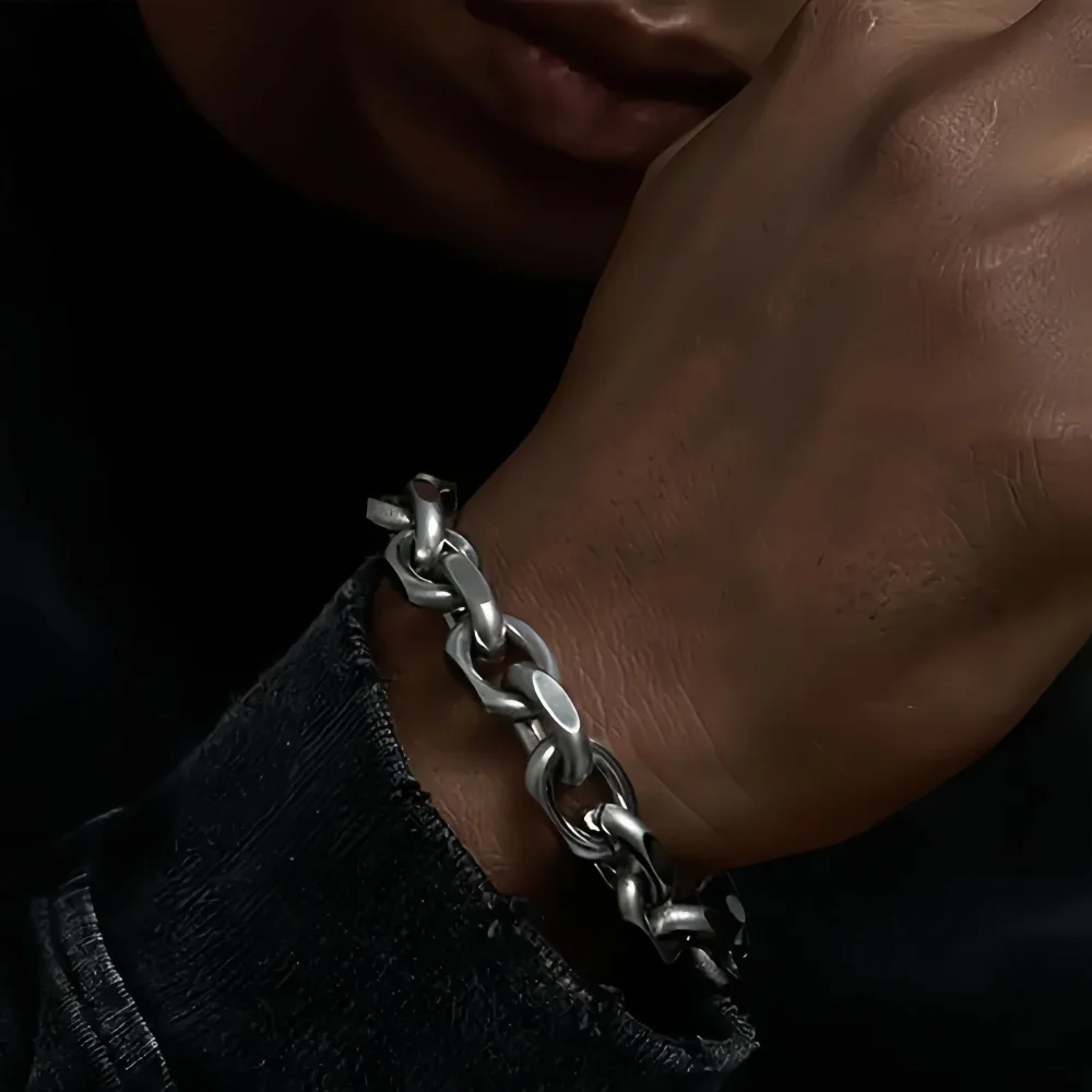 Einfaches Silberfarbenes Edelstahl-Rohkettenarmband für Männer, Hip-Hop-Punk-Straßenschmuck, Geschenk-Accessoires für Frauen – Detail 5