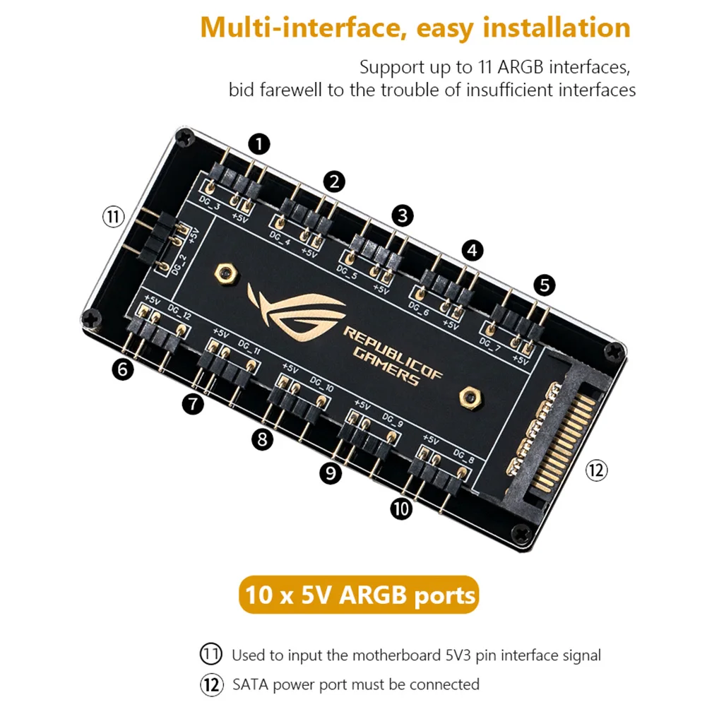 Connector 1 To 10 Port ARGB Splitter Hub 5V 3Pin With SATA Power Supply Motherboard Control Adhesive Base For LED Fans Lights