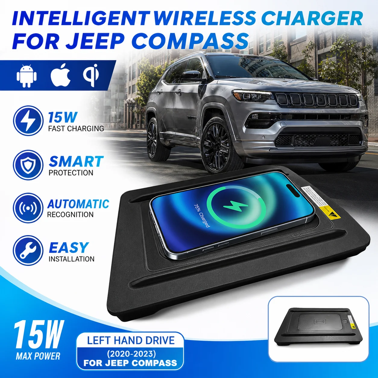15W Car wireless Charging Pad For Jeep Compass 2020-2023 Phone Charger Holder Mobile mount Fast charge Plug and Play Interior