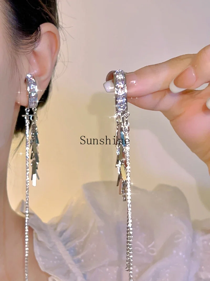 Flash chain long super long tassel ear bone clip high-end earrings