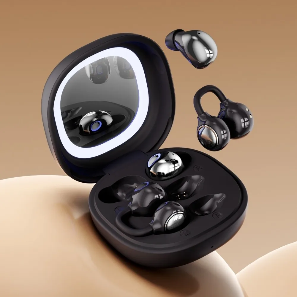 Noise Cancelling Wireless Earbuds Ear Hook In-Ear Bluetooth Headphones Long Battery Makeup Mirror Case Open-Ear Earphones