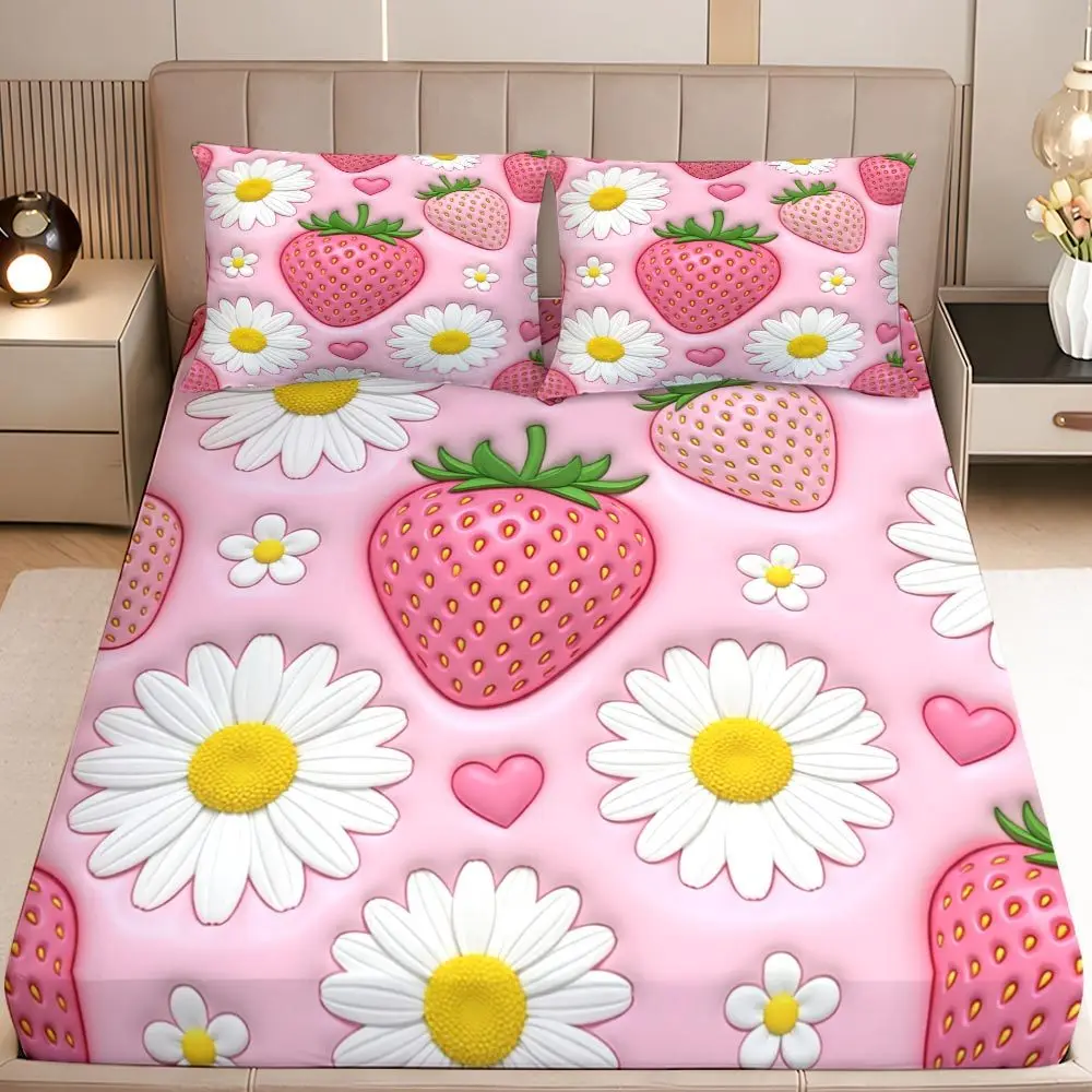 Christmas 2D Digital Print Three-Piece Bedding Set (includes 1 fitted sheet + 2 pillowcases) Mattress Protector, Fitted Sheet Style with Elastic Band, Protective Cover, Mattress Protector, Fitted Sheet Style Bedding, Floral Strawberry Heart Fitted Sheet Set