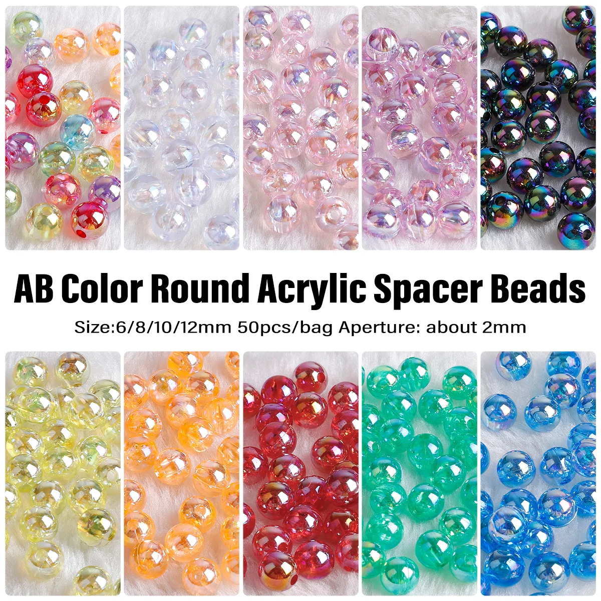 

50pcs AB Color Round Acrylic Bead Loose Spacer Beads For Jewelry Making DIY Bracelet Necklace Accessories Women Girls