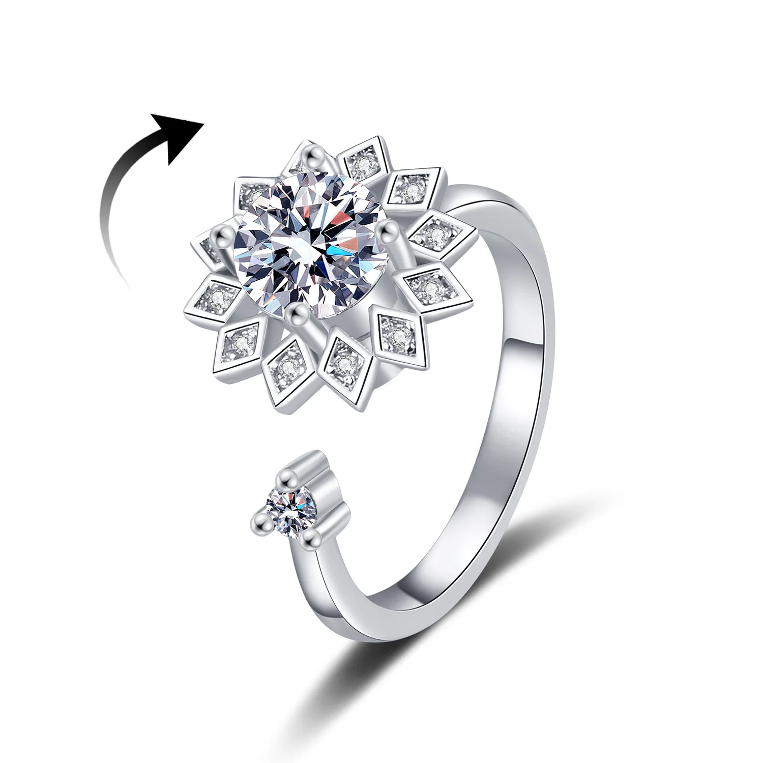 925 Sterling Silver Sunflower Diamond Zircon Rotatable Ring For Women Gift Relieve Stress Ring Jewelry Wholesale