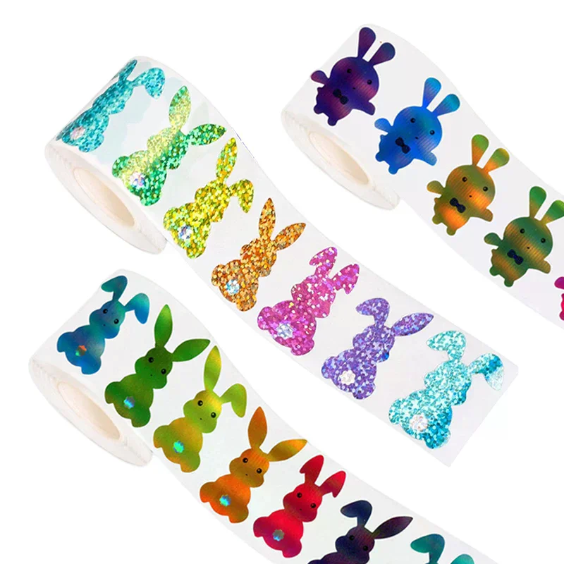 

500 шт./рулон пасхальный кролик морковь наклейки голографические водонепроницаемые наклейки для пасхального охоты на яйце, украшения для вечеринок, скрапбукинга