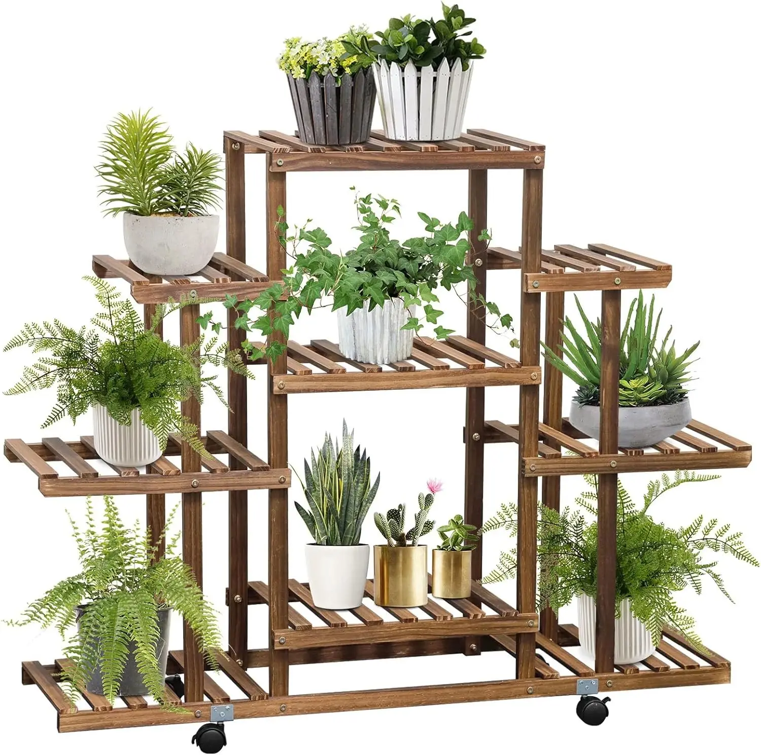 

Wood Plant Stand Indoor Outdoor, 9-Tier Plant Shelf for Multiple Plants Carbonized Plant Display Holder 12 Potted Corner