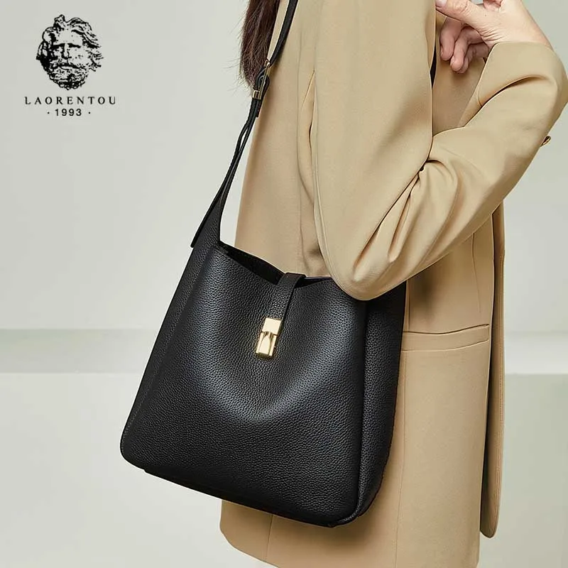 

LAORENTOU Genuine Leather Women Shoulder Tote Bag 2025 Summer Simple Casual Female Messenger Bag Purse