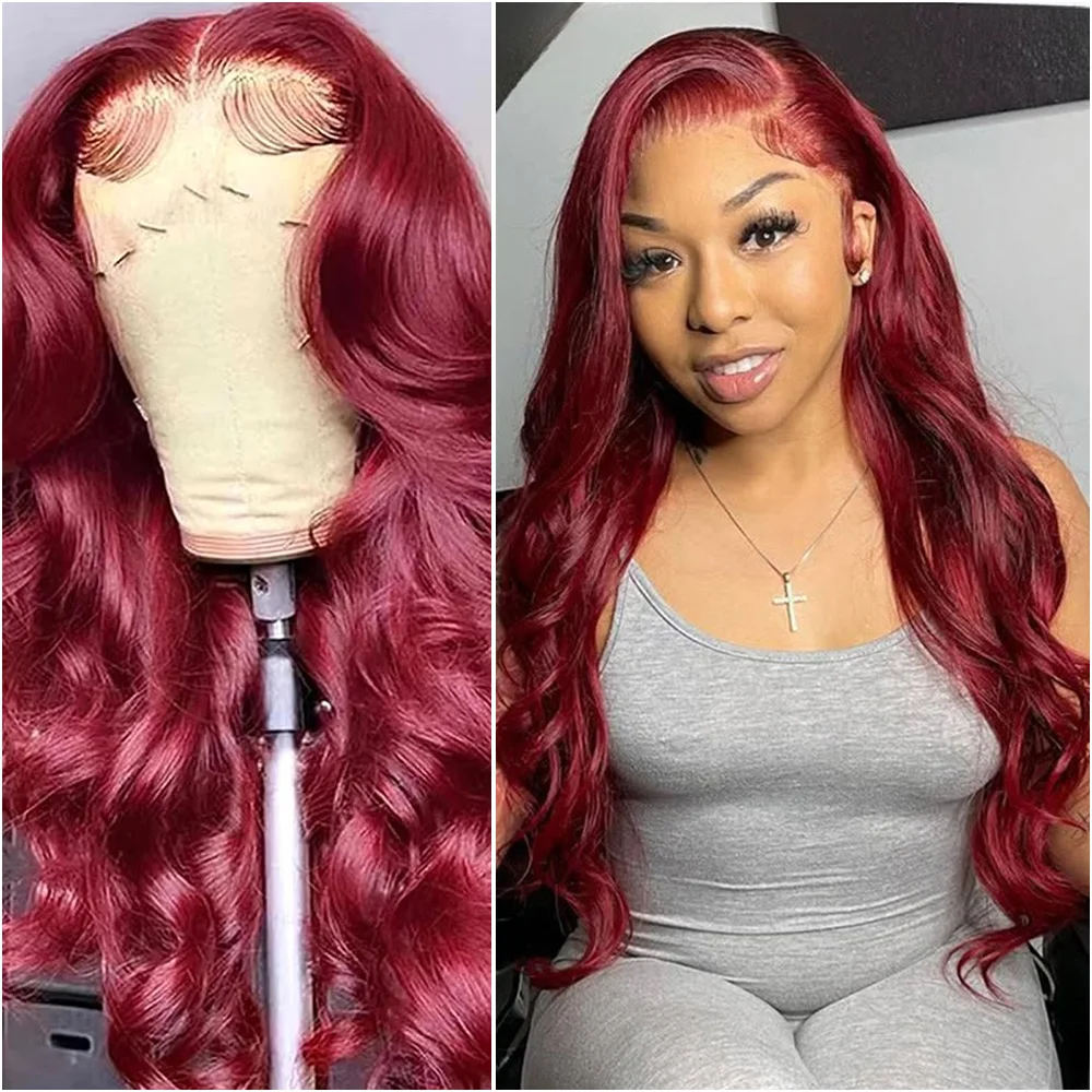 

Бургундский парик 99J, 13x6 HD, с кружевной передней частью, 40 дюймов, 200% плотность, красный, из натуральных человеческих волос, с эффектом волн, бразильский, для женщин